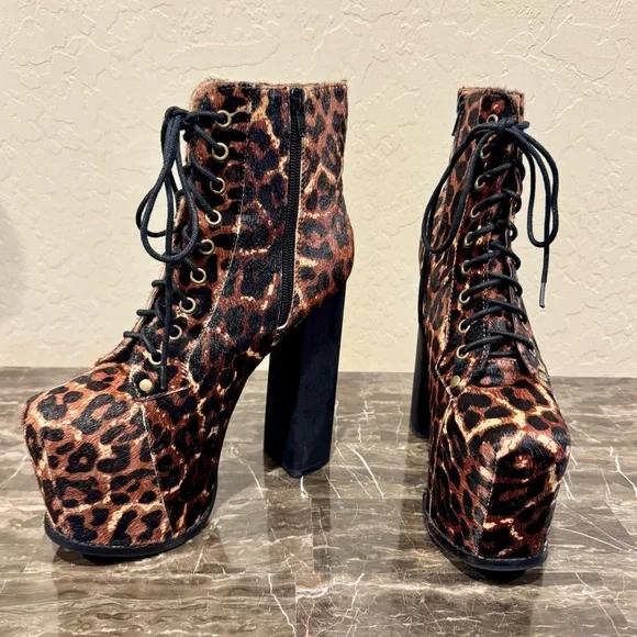 Jeffrey Campbell Big Lita Calf Hair Leather Leopard Print Platform Booties